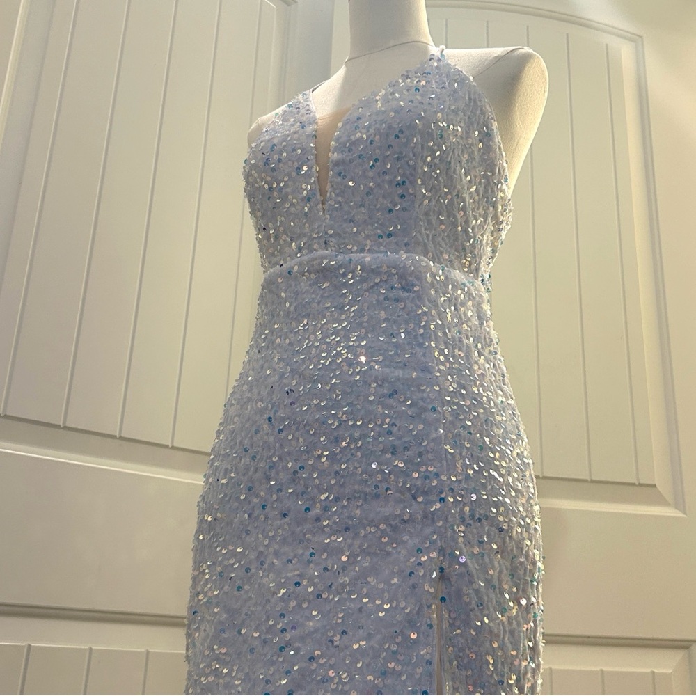 White Sequin Mini Dress Sleeveless Plunging V-Neck Mesh Yoke Back Lace Ties M - Picture 9 of 15